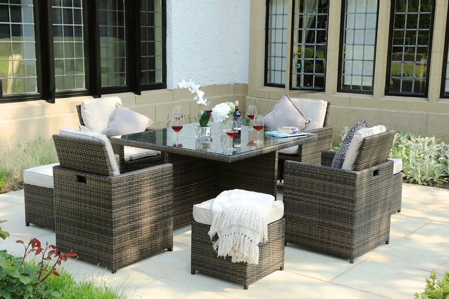 9-Piece Square Outdoor Dining Set with Beige Cushions