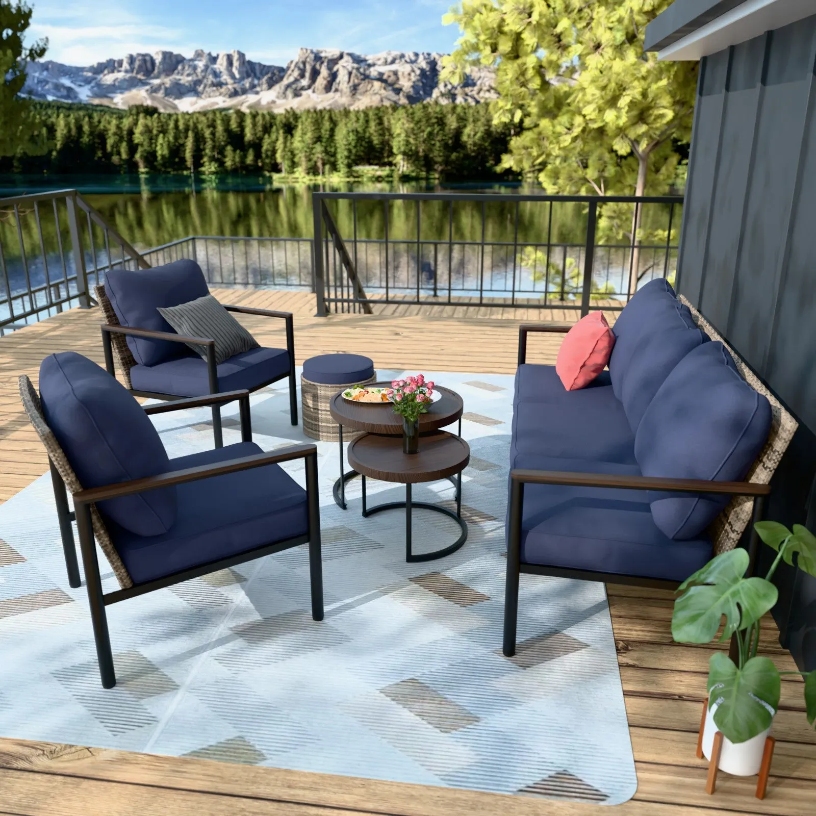 COOS BAY 6 Pieces Patio Furniture Set, Includes Patio Chairs, 3 Seater Patio Sofa, Nesting Coffee Tables and Ottoman, Beige/Blue