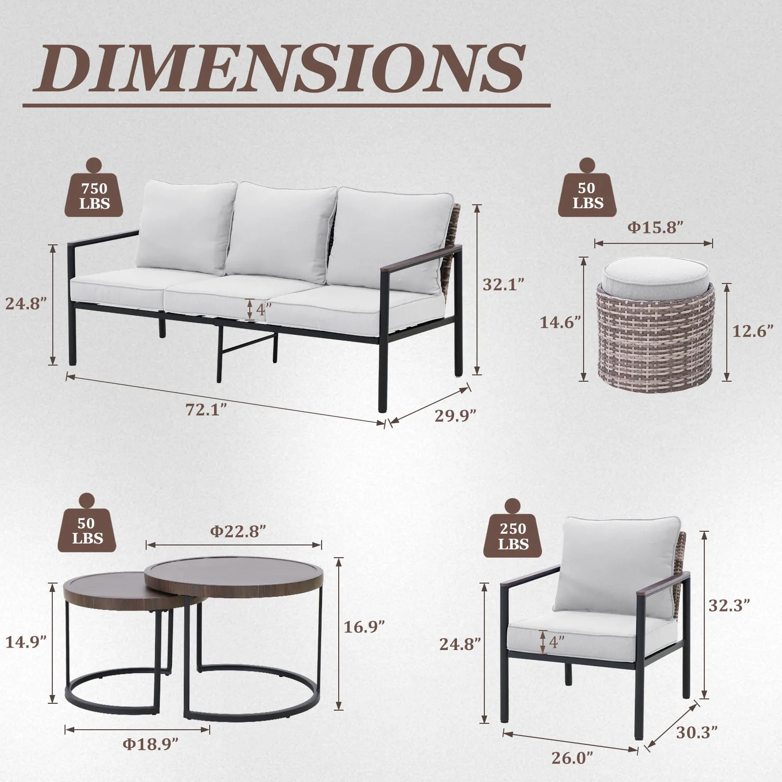 COOS BAY 6 Pieces Patio Furniture Set, Includes Patio Chairs, 3 Seater Patio Sofa, Nesting Coffee Tables and Ottoman, Beige/Blue