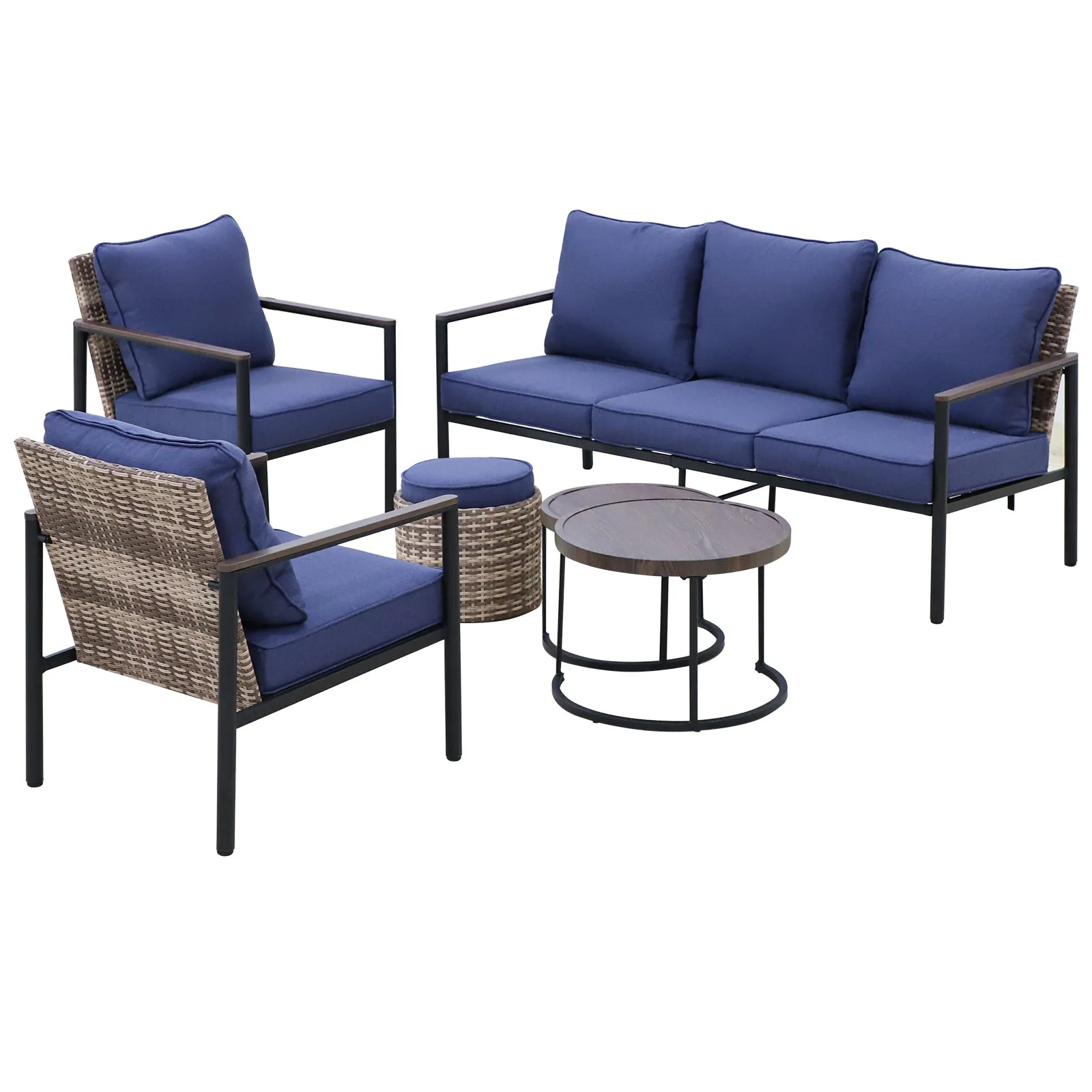 COOS BAY 6 Pieces Patio Furniture Set, Includes Patio Chairs, 3 Seater Patio Sofa, Nesting Coffee Tables and Ottoman, Beige/Blue