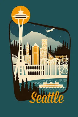 Seattle Retro Skyline, Lantern Press Sticker