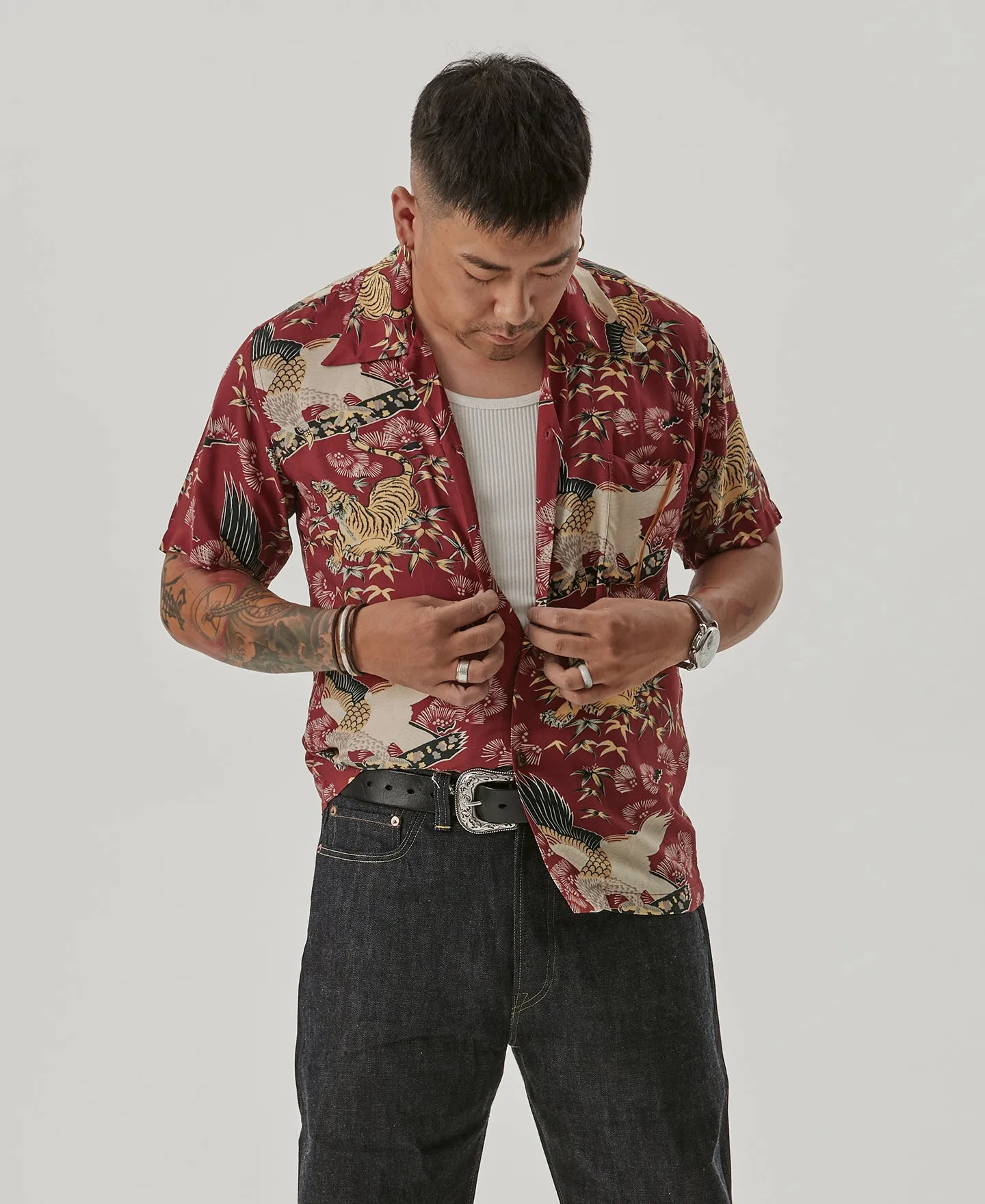 Ukiyo-e Tiger & Crane Pattern Aloha Shirt - Wine Red