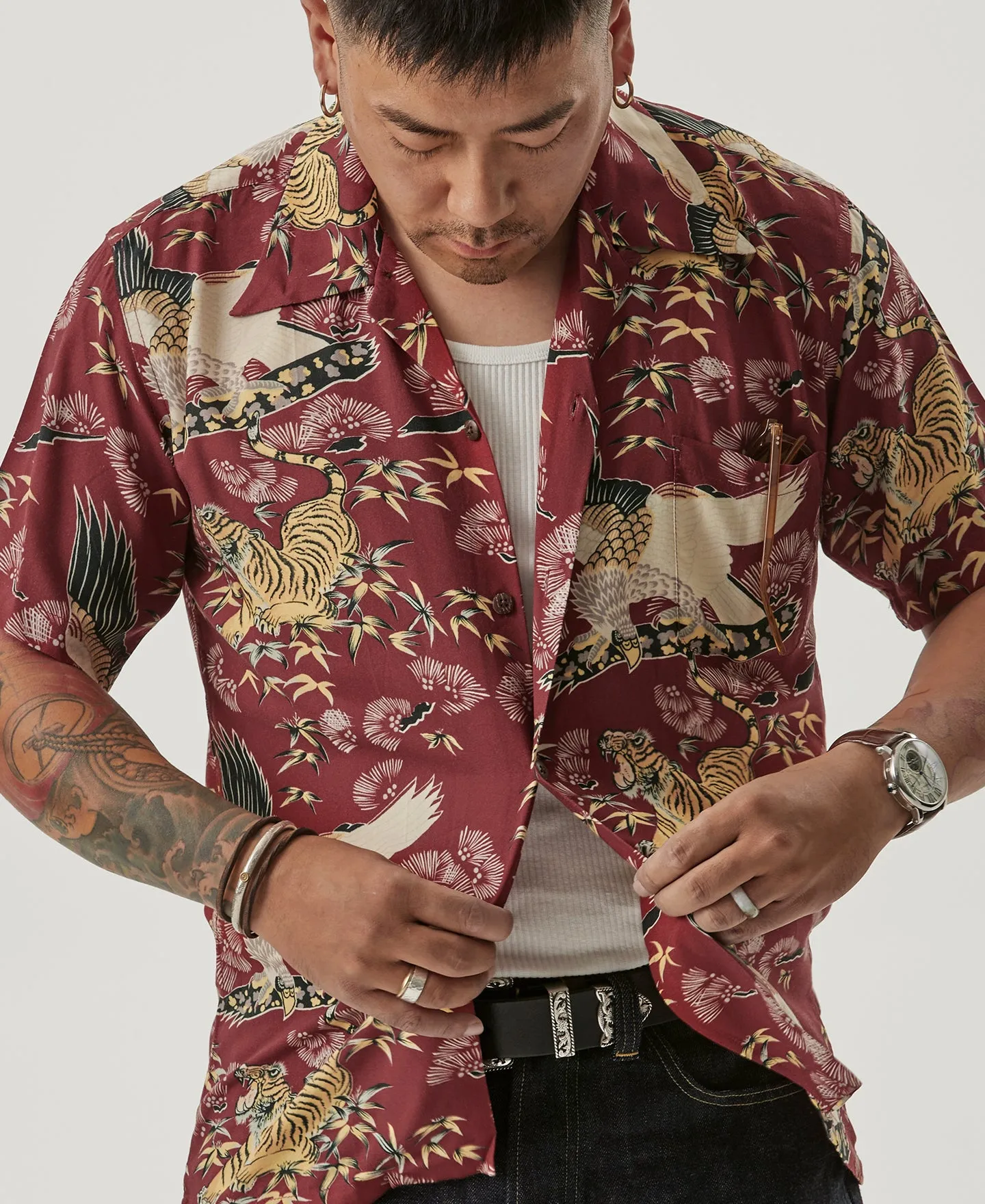 Ukiyo-e Tiger & Crane Pattern Aloha Shirt - Wine Red