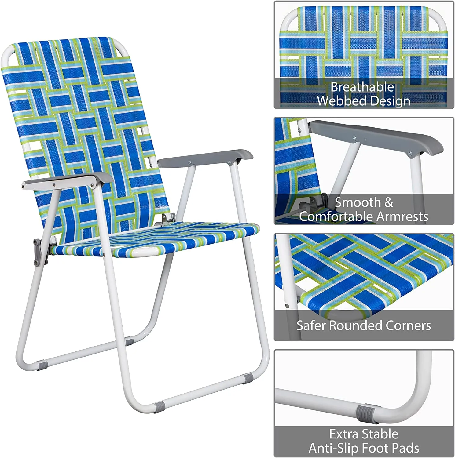 ZENY™ Patio Lawn Chairs Folding Set of 2, Metal Webbed Folding Chair Outdoor Beach Chair Portable Camping Chair for BBQ, Fishing,Yard, Garden(Blue)