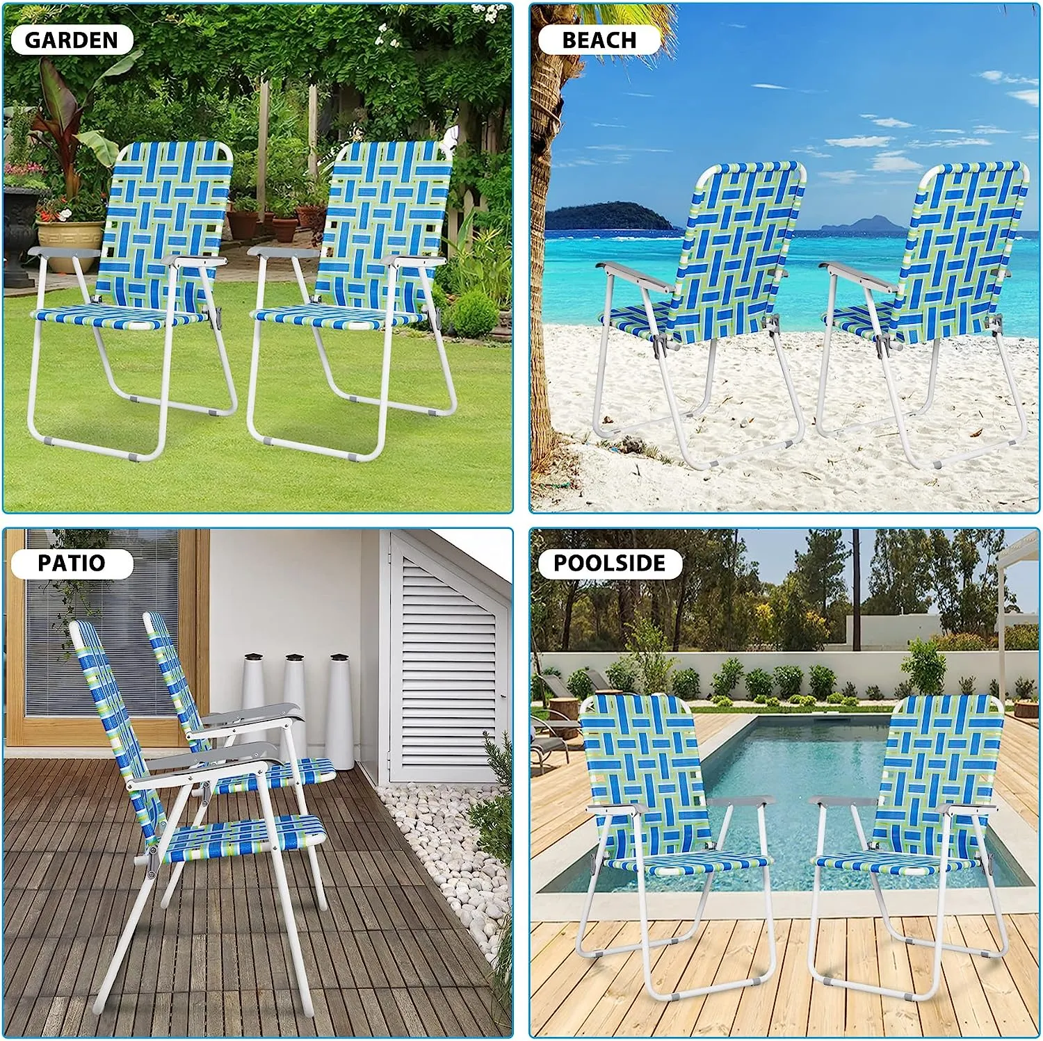 ZENY™ Patio Lawn Chairs Folding Set of 2, Metal Webbed Folding Chair Outdoor Beach Chair Portable Camping Chair for BBQ, Fishing,Yard, Garden(Blue)